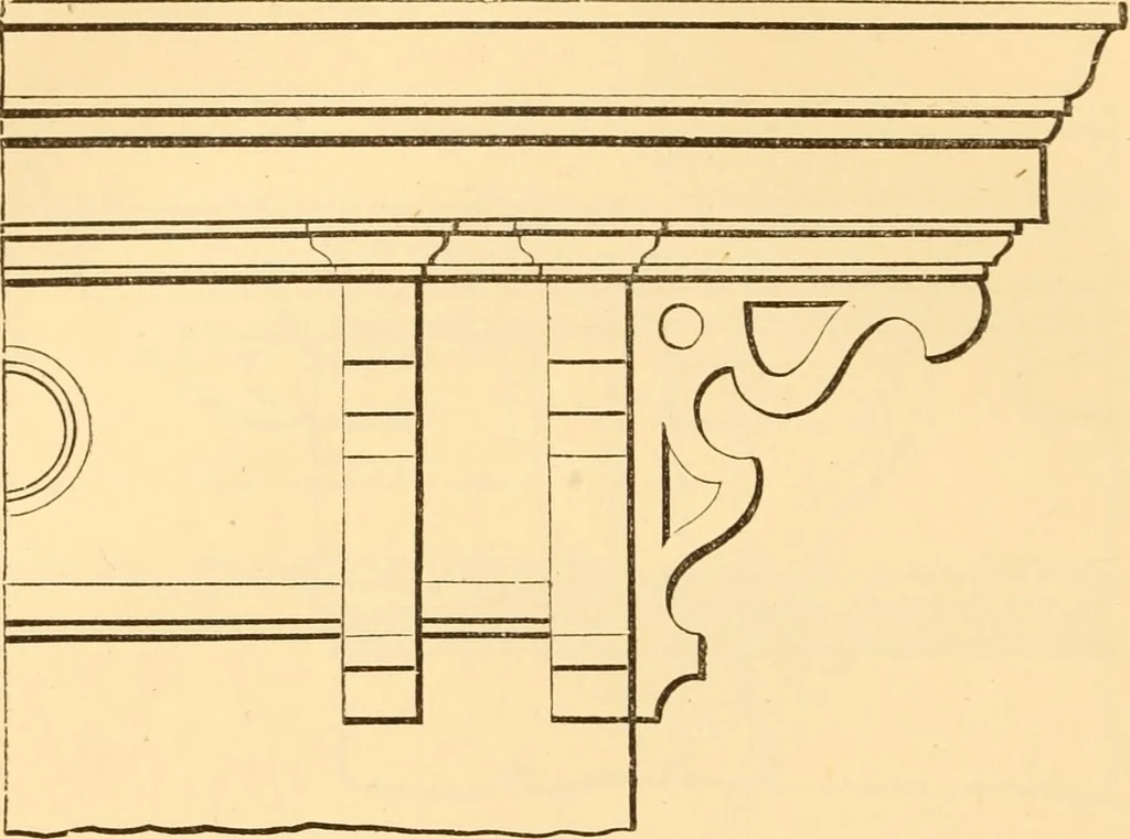 An illustration from The American house carpenter. A treatise on the art of building. Comprising styles of architecture, strength of materials, and the theory and practice of the construction of floors, framed girders, roof trusses, rolled-iron beams, tubular-iron girders, cast-iron girders, stairs, doors, windows, mouldings, and cornices; together with a compend of mathematics. A manual for the practical use of architects, carpenters, stair-builders, and others, 1880, leaf 381