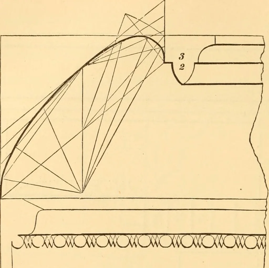 An illustration from The American house carpenter. A treatise on the art of building. Comprising styles of architecture, strength of materials, and the theory and practice of the construction of floors, framed girders, roof trusses, rolled-iron beams, tubular-iron girders, cast-iron girders, stairs, doors, windows, mouldings, and cornices; together with a compend of mathematics. A manual for the practical use of architects, carpenters, stair-builders, and others, 1880, leaf 383