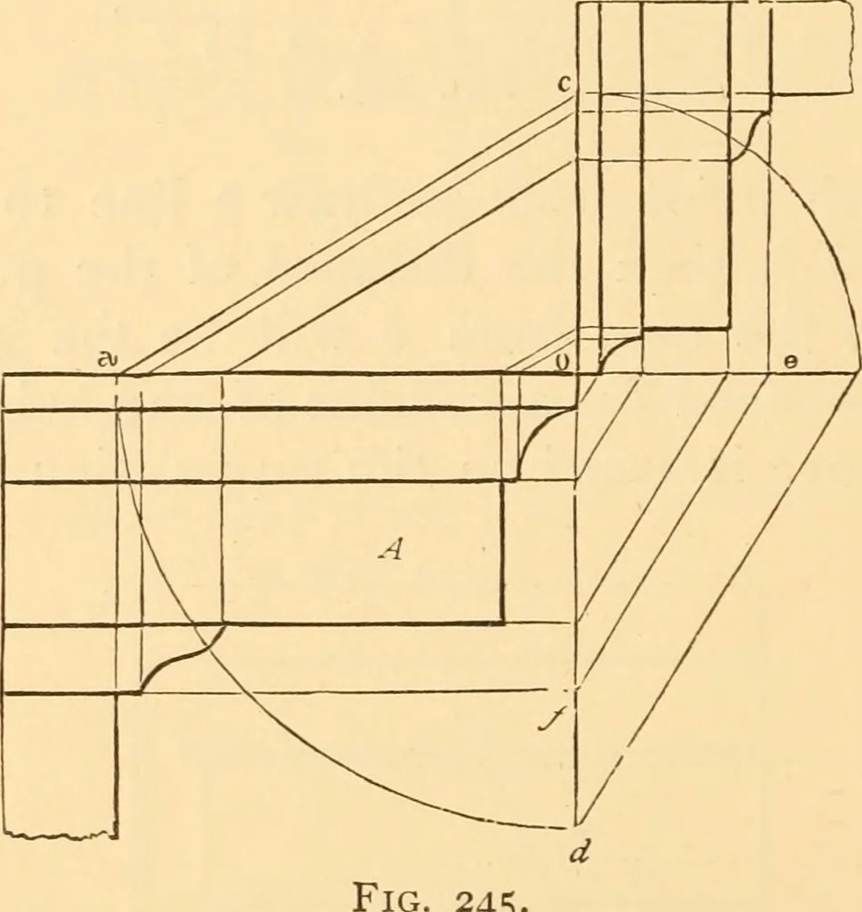 An illustration from The American house carpenter. A treatise on the art of building. Comprising styles of architecture, strength of materials, and the theory and practice of the construction of floors, framed girders, roof trusses, rolled-iron beams, tubular-iron girders, cast-iron girders, stairs, doors, windows, mouldings, and cornices; together with a compend of mathematics. A manual for the practical use of architects, carpenters, stair-builders, and others, 1880, leaf 385