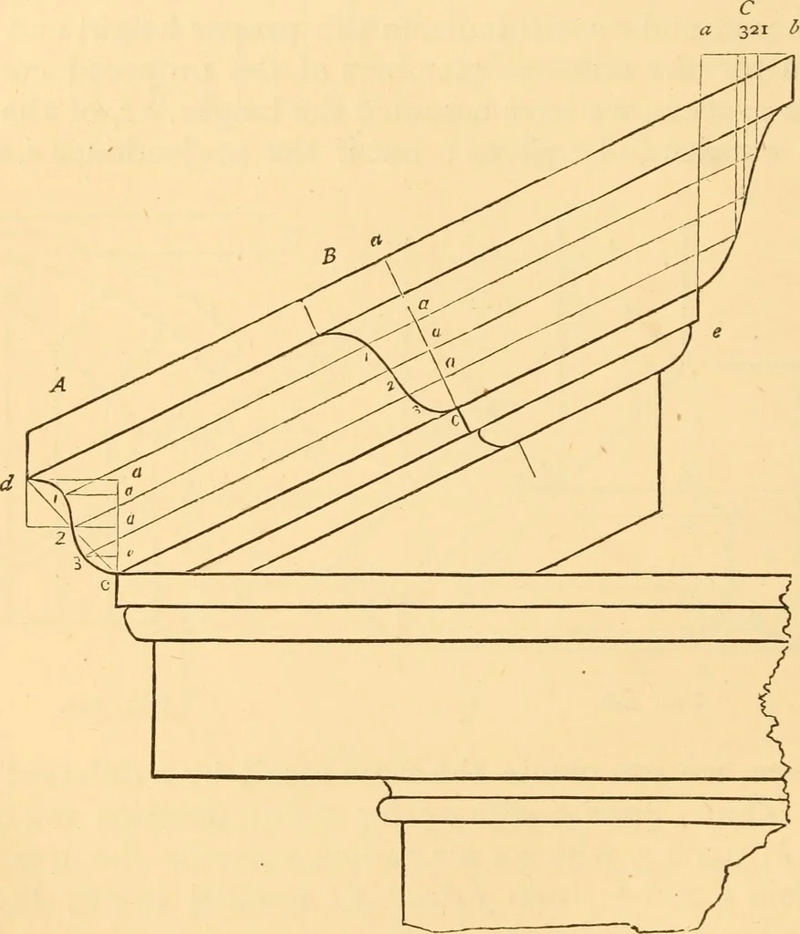 An illustration from The American house carpenter. A treatise on the art of building. Comprising styles of architecture, strength of materials, and the theory and practice of the construction of floors, framed girders, roof trusses, rolled-iron beams, tubular-iron girders, cast-iron girders, stairs, doors, windows, mouldings, and cornices; together with a compend of mathematics. A manual for the practical use of architects, carpenters, stair-builders, and others, 1880, leaf 387