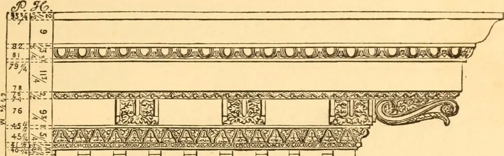 An illustration from The American house carpenter. A treatise on the art of building. Comprising styles of architecture, strength of materials, and the theory and practice of the construction of floors, framed girders, roof trusses, rolled-iron beams, tubular-iron girders, cast-iron girders, stairs, doors, windows, mouldings, and cornices; together with a compend of mathematics. A manual for the practical use of architects, carpenters, stair-builders, and others, 1880, leaf 60