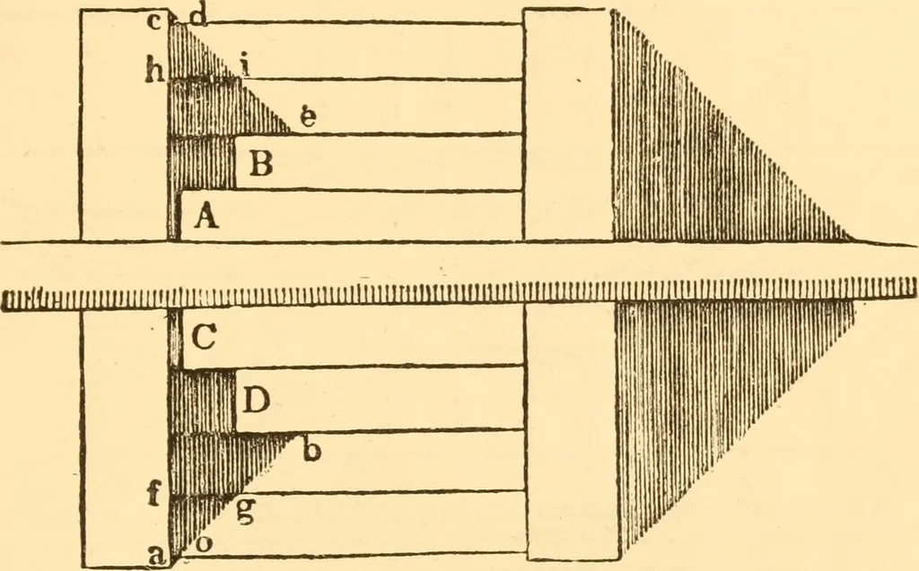 An illustration from The American house carpenter. A treatise on the art of building. Comprising styles of architecture, strength of materials, and the theory and practice of the construction of floors, framed girders, roof trusses, rolled-iron beams, tubular-iron girders, cast-iron girders, stairs, doors, windows, mouldings, and cornices; together with a compend of mathematics. A manual for the practical use of architects, carpenters, stair-builders, and others, 1880, leaf 652