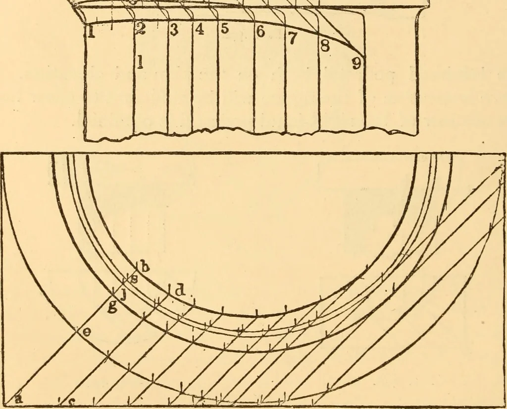 An illustration from The American house carpenter. A treatise on the art of building. Comprising styles of architecture, strength of materials, and the theory and practice of the construction of floors, framed girders, roof trusses, rolled-iron beams, tubular-iron girders, cast-iron girders, stairs, doors, windows, mouldings, and cornices; together with a compend of mathematics. A manual for the practical use of architects, carpenters, stair-builders, and others, 1880, leaf 653