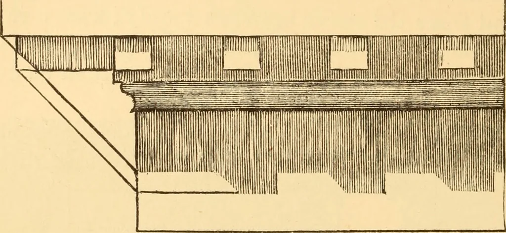An illustration from The American house carpenter. A treatise on the art of building. Comprising styles of architecture, strength of materials, and the theory and practice of the construction of floors, framed girders, roof trusses, rolled-iron beams, tubular-iron girders, cast-iron girders, stairs, doors, windows, mouldings, and cornices; together with a compend of mathematics. A manual for the practical use of architects, carpenters, stair-builders, and others, 1880, leaf 657