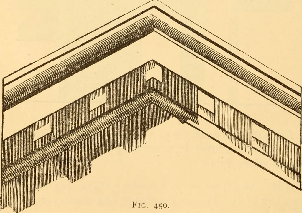 An illustration from The American house carpenter. A treatise on the art of building. Comprising styles of architecture, strength of materials, and the theory and practice of the construction of floors, framed girders, roof trusses, rolled-iron beams, tubular-iron girders, cast-iron girders, stairs, doors, windows, mouldings, and cornices; together with a compend of mathematics. A manual for the practical use of architects, carpenters, stair-builders, and others, 1880, leaf 657