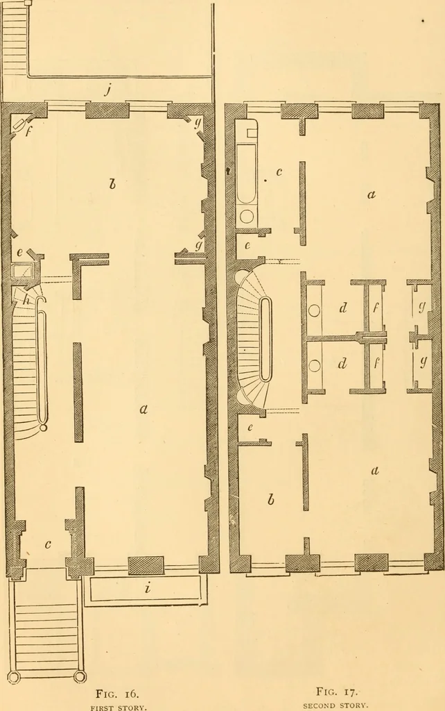 An illustration from The American house carpenter. A treatise on the art of building. Comprising styles of architecture, strength of materials, and the theory and practice of the construction of floors, framed girders, roof trusses, rolled-iron beams, tubular-iron girders, cast-iron girders, stairs, doors, windows, mouldings, and cornices; together with a compend of mathematics. A manual for the practical use of architects, carpenters, stair-builders, and others, 1880, leaf 69