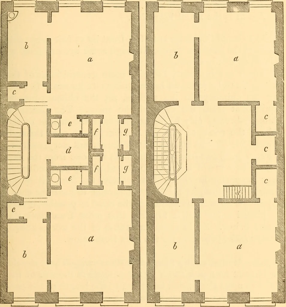 An illustration from The American house carpenter. A treatise on the art of building. Comprising styles of architecture, strength of materials, and the theory and practice of the construction of floors, framed girders, roof trusses, rolled-iron beams, tubular-iron girders, cast-iron girders, stairs, doors, windows, mouldings, and cornices; together with a compend of mathematics. A manual for the practical use of architects, carpenters, stair-builders, and others, 1880, leaf 70