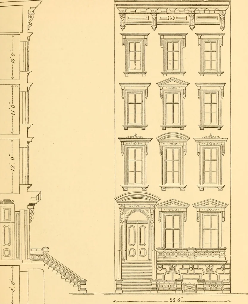 An illustration from The American house carpenter. A treatise on the art of building. Comprising styles of architecture, strength of materials, and the theory and practice of the construction of floors, framed girders, roof trusses, rolled-iron beams, tubular-iron girders, cast-iron girders, stairs, doors, windows, mouldings, and cornices; together with a compend of mathematics. A manual for the practical use of architects, carpenters, stair-builders, and others, 1880, leaf 72