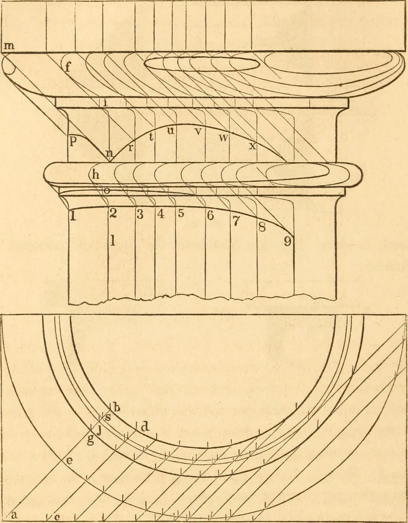 An illustration from The American house carpenter: a treatise upon architecture, cornices and mouldings, framing, doors, windows and stairs. Together with the most important principles of practical geometry, 1852, leaf 285