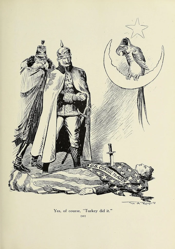 An illustration from America's black and white book; one hundred pictured reasons why we are at war, 1917, leaf 107