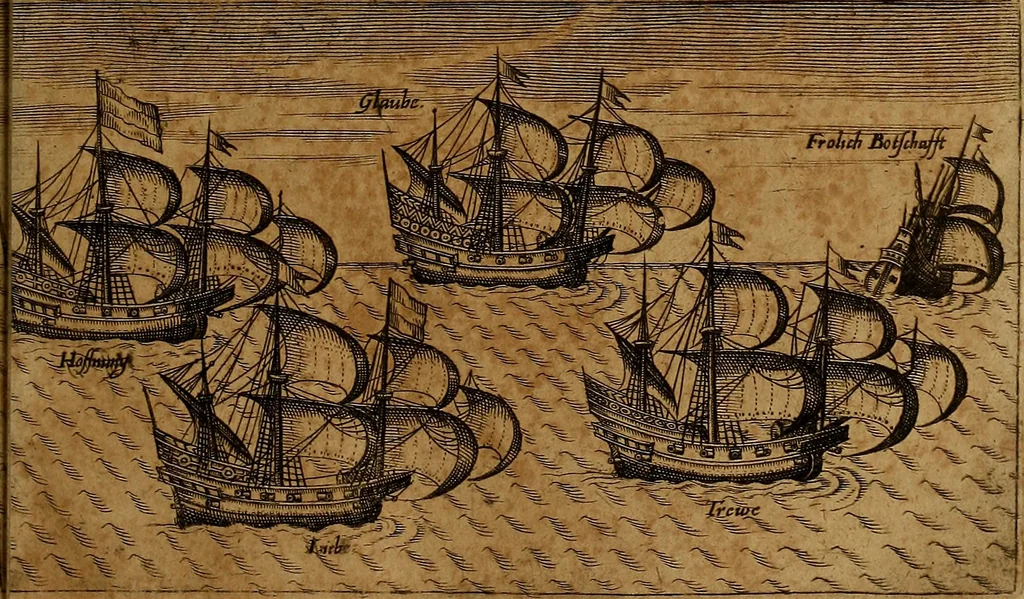 An illustration from Americæ nona & postrema pars : qua de ratione elementorum, de novi orbis natvra, de hvivs incolarvm svperstitiosis cultibus : deq; forma politiæ ac reipubl. ipsorum copiosè pertractatur : catalogo regnum Mexicanorum omnium, à primo vsq; ad vltimum Monteçuman II. additio ... : his accessit designatio illivs navigationis, quam 5. naves Hollandicae anno 1598. per fretum Magellanum in Moluccanas insulas tentarunt : quomodo nimirum oborta tempestate Capitaeus Sebalt de Weert à cæteris nauibus dispulsus, postquam plurimis mensibus in freto infinitis aerumnis miserè iactatus fuisset, tandem infectare post biennum an. 1600. domum reuersus sit : addita est tertio navigatio recens, quam 4. navium praefectus Olevier à Noort proximè suscepit ... : omnia è Germanico Latinitate donata, & insuper elegantissimis figuris æneis coornata editaq; sumptibus Theodori de Bry p.m. Viduæ & binorum filiorum, 1602, leaf 374