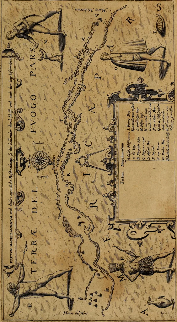 An illustration from Americæ nona & postrema pars : qua de ratione elementorum, de novi orbis natvra, de hvivs incolarvm svperstitiosis cultibus : deq; forma politiæ ac reipubl. ipsorum copiosè pertractatur : catalogo regnum Mexicanorum omnium, à primo vsq; ad vltimum Monteçuman II. additio ... : his accessit designatio illivs navigationis, quam 5. naves Hollandicae anno 1598. per fretum Magellanum in Moluccanas insulas tentarunt : quomodo nimirum oborta tempestate Capitaeus Sebalt de Weert à cæteris nauibus dispulsus, postquam plurimis mensibus in freto infinitis aerumnis miserè iactatus fuisset, tandem infectare post biennum an. 1600. domum reuersus sit : addita est tertio navigatio recens, quam 4. navium praefectus Olevier à Noort proximè suscepit ... : omnia è Germanico Latinitate donata, & insuper elegantissimis figuris æneis coornata editaq; sumptibus Theodori de Bry p.m. Viduæ & binorum filiorum, 1602, leaf 376