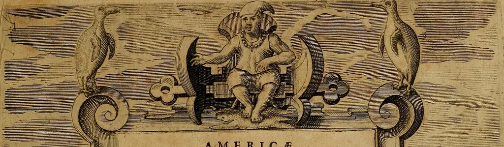 An illustration from Americæ nona & postrema pars : qua de ratione elementorum, de novi orbis natvra, de hvivs incolarvm svperstitiosis cultibus : deq; forma politiæ ac reipubl. ipsorum copiosè pertractatur : catalogo regnum Mexicanorum omnium, à primo vsq; ad vltimum Monteçuman II. additio ... : his accessit designatio illivs navigationis, quam 5. naves Hollandicae anno 1598. per fretum Magellanum in Moluccanas insulas tentarunt : quomodo nimirum oborta tempestate Capitaeus Sebalt de Weert à cæteris nauibus dispulsus, postquam plurimis mensibus in freto infinitis aerumnis miserè iactatus fuisset, tandem infectare post biennum an. 1600. domum reuersus sit : addita est tertio navigatio recens, quam 4. navium praefectus Olevier à Noort proximè suscepit ... : omnia è Germanico Latinitate donata, & insuper elegantissimis figuris æneis coornata editaq; sumptibus Theodori de Bry p.m. Viduæ & binorum filiorum, 1602, leaf 4