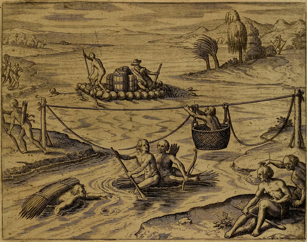 An illustration from Americæ nona & postrema pars : qua de ratione elementorum, de novi orbis natvra, de hvivs incolarvm svperstitiosis cultibus : deq; forma politiæ ac reipubl. ipsorum copiosè pertractatur : catalogo regnum Mexicanorum omnium, à primo vsq; ad vltimum Monteçuman II. additio ... : his accessit designatio illivs navigationis, quam 5. naves Hollandicae anno 1598. per fretum Magellanum in Moluccanas insulas tentarunt : quomodo nimirum oborta tempestate Capitaeus Sebalt de Weert à cæteris nauibus dispulsus, postquam plurimis mensibus in freto infinitis aerumnis miserè iactatus fuisset, tandem infectare post biennum an. 1600. domum reuersus sit : addita est tertio navigatio recens, quam 4. navium praefectus Olevier à Noort proximè suscepit ... : omnia è Germanico Latinitate donata, & insuper elegantissimis figuris æneis coornata editaq; sumptibus Theodori de Bry p.m. Viduæ & binorum filiorum, 1602, leaf 436