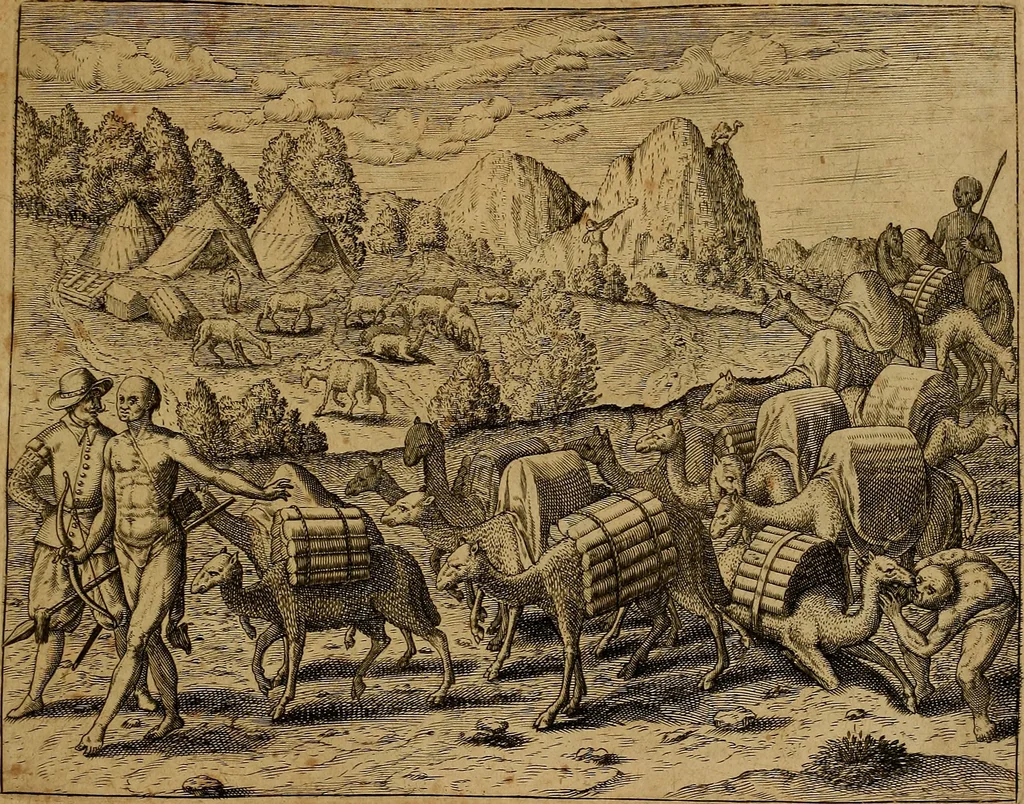 An illustration from Americæ nona & postrema pars : qua de ratione elementorum, de novi orbis natvra, de hvivs incolarvm svperstitiosis cultibus : deq; forma politiæ ac reipubl. ipsorum copiosè pertractatur : catalogo regnum Mexicanorum omnium, à primo vsq; ad vltimum Monteçuman II. additio ... : his accessit designatio illivs navigationis, quam 5. naves Hollandicae anno 1598. per fretum Magellanum in Moluccanas insulas tentarunt : quomodo nimirum oborta tempestate Capitaeus Sebalt de Weert à cæteris nauibus dispulsus, postquam plurimis mensibus in freto infinitis aerumnis miserè iactatus fuisset, tandem infectare post biennum an. 1600. domum reuersus sit : addita est tertio navigatio recens, quam 4. navium praefectus Olevier à Noort proximè suscepit ... : omnia è Germanico Latinitate donata, & insuper elegantissimis figuris æneis coornata editaq; sumptibus Theodori de Bry p.m. Viduæ & binorum filiorum, 1602, leaf 440