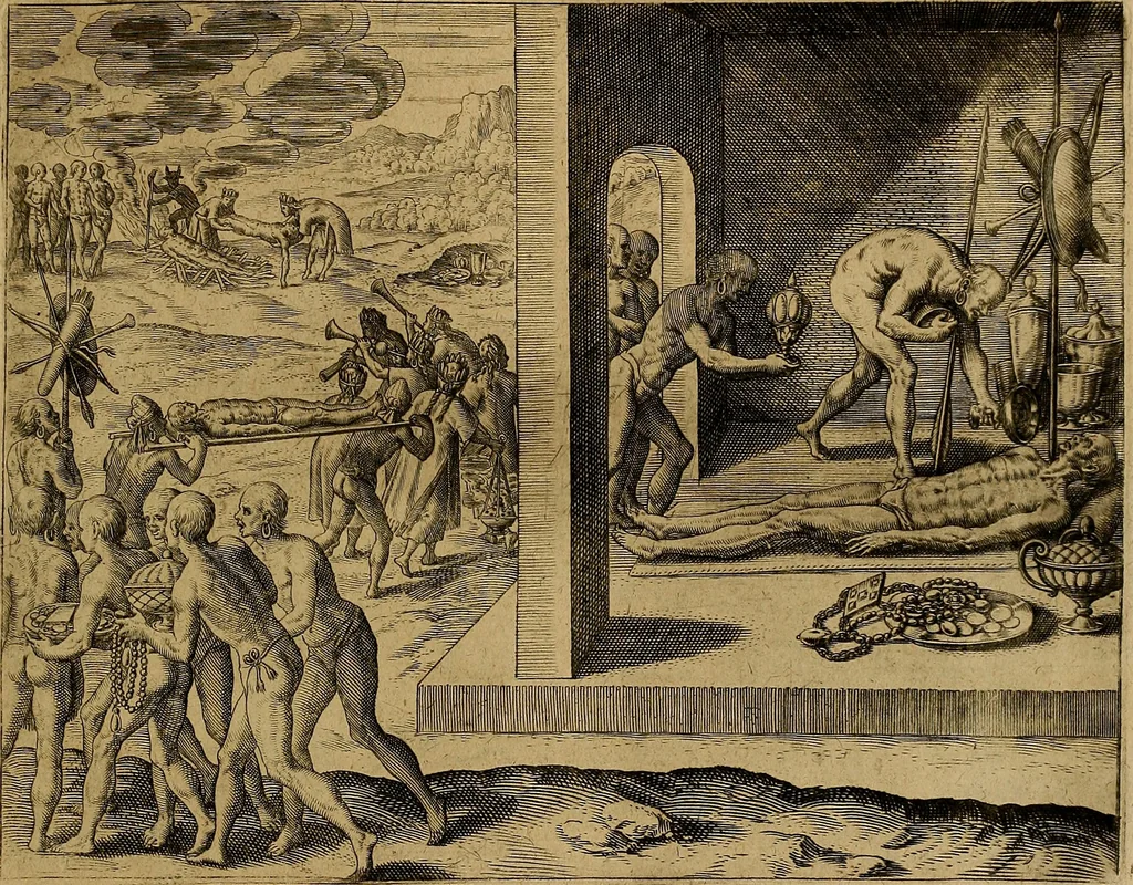 An illustration from Americæ nona & postrema pars : qua de ratione elementorum, de novi orbis natvra, de hvivs incolarvm svperstitiosis cultibus : deq; forma politiæ ac reipubl. ipsorum copiosè pertractatur : catalogo regnum Mexicanorum omnium, à primo vsq; ad vltimum Monteçuman II. additio ... : his accessit designatio illivs navigationis, quam 5. naves Hollandicae anno 1598. per fretum Magellanum in Moluccanas insulas tentarunt : quomodo nimirum oborta tempestate Capitaeus Sebalt de Weert à cæteris nauibus dispulsus, postquam plurimis mensibus in freto infinitis aerumnis miserè iactatus fuisset, tandem infectare post biennum an. 1600. domum reuersus sit : addita est tertio navigatio recens, quam 4. navium praefectus Olevier à Noort proximè suscepit ... : omnia è Germanico Latinitate donata, & insuper elegantissimis figuris æneis coornata editaq; sumptibus Theodori de Bry p.m. Viduæ & binorum filiorum, 1602, leaf 442
