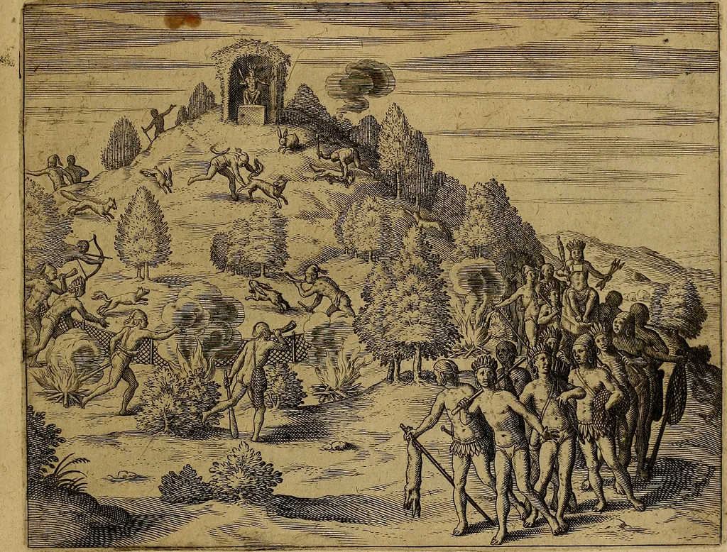 An illustration from Americæ nona & postrema pars : qua de ratione elementorum, de novi orbis natvra, de hvivs incolarvm svperstitiosis cultibus : deq; forma politiæ ac reipubl. ipsorum copiosè pertractatur : catalogo regnum Mexicanorum omnium, à primo vsq; ad vltimum Monteçuman II. additio ... : his accessit designatio illivs navigationis, quam 5. naves Hollandicae anno 1598. per fretum Magellanum in Moluccanas insulas tentarunt : quomodo nimirum oborta tempestate Capitaeus Sebalt de Weert à cæteris nauibus dispulsus, postquam plurimis mensibus in freto infinitis aerumnis miserè iactatus fuisset, tandem infectare post biennum an. 1600. domum reuersus sit : addita est tertio navigatio recens, quam 4. navium praefectus Olevier à Noort proximè suscepit ... : omnia è Germanico Latinitate donata, & insuper elegantissimis figuris æneis coornata editaq; sumptibus Theodori de Bry p.m. Viduæ & binorum filiorum, 1602, leaf 444