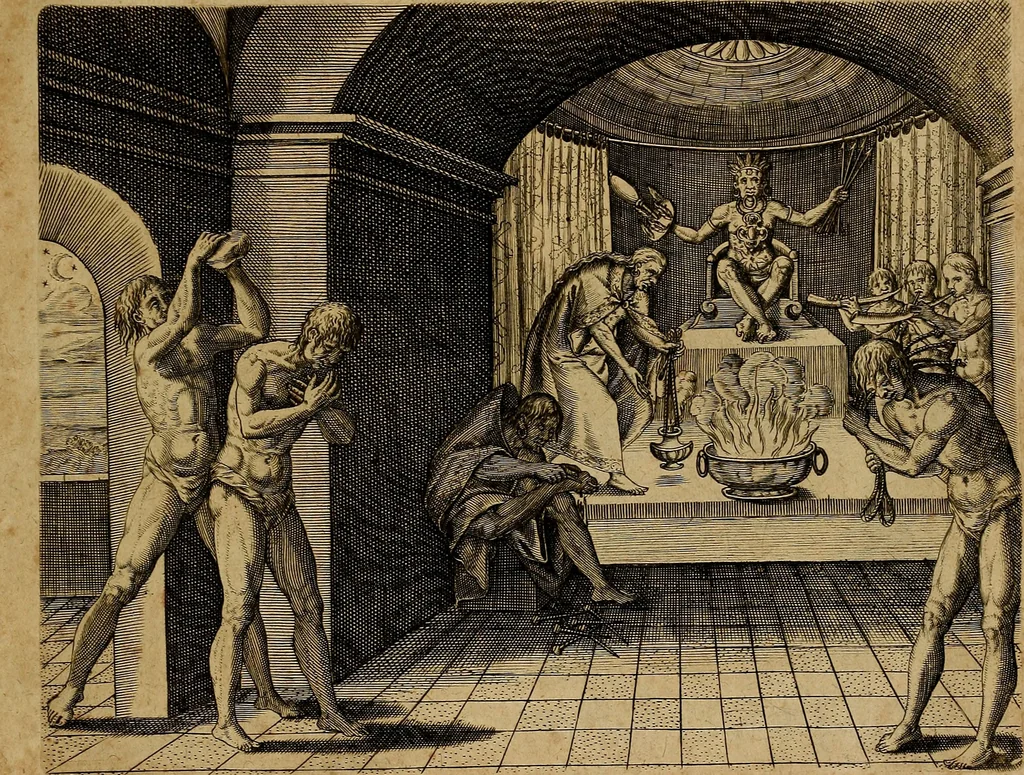 An illustration from Americæ nona & postrema pars : qua de ratione elementorum, de novi orbis natvra, de hvivs incolarvm svperstitiosis cultibus : deq; forma politiæ ac reipubl. ipsorum copiosè pertractatur : catalogo regnum Mexicanorum omnium, à primo vsq; ad vltimum Monteçuman II. additio ... : his accessit designatio illivs navigationis, quam 5. naves Hollandicae anno 1598. per fretum Magellanum in Moluccanas insulas tentarunt : quomodo nimirum oborta tempestate Capitaeus Sebalt de Weert à cæteris nauibus dispulsus, postquam plurimis mensibus in freto infinitis aerumnis miserè iactatus fuisset, tandem infectare post biennum an. 1600. domum reuersus sit : addita est tertio navigatio recens, quam 4. navium praefectus Olevier à Noort proximè suscepit ... : omnia è Germanico Latinitate donata, & insuper elegantissimis figuris æneis coornata editaq; sumptibus Theodori de Bry p.m. Viduæ & binorum filiorum, 1602, leaf 446