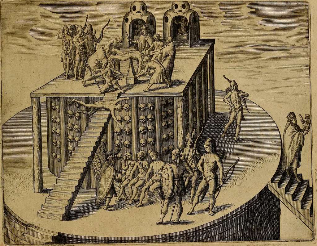 An illustration from Americæ nona & postrema pars : qua de ratione elementorum, de novi orbis natvra, de hvivs incolarvm svperstitiosis cultibus : deq; forma politiæ ac reipubl. ipsorum copiosè pertractatur : catalogo regnum Mexicanorum omnium, à primo vsq; ad vltimum Monteçuman II. additio ... : his accessit designatio illivs navigationis, quam 5. naves Hollandicae anno 1598. per fretum Magellanum in Moluccanas insulas tentarunt : quomodo nimirum oborta tempestate Capitaeus Sebalt de Weert à cæteris nauibus dispulsus, postquam plurimis mensibus in freto infinitis aerumnis miserè iactatus fuisset, tandem infectare post biennum an. 1600. domum reuersus sit : addita est tertio navigatio recens, quam 4. navium praefectus Olevier à Noort proximè suscepit ... : omnia è Germanico Latinitate donata, & insuper elegantissimis figuris æneis coornata editaq; sumptibus Theodori de Bry p.m. Viduæ & binorum filiorum, 1602, leaf 448