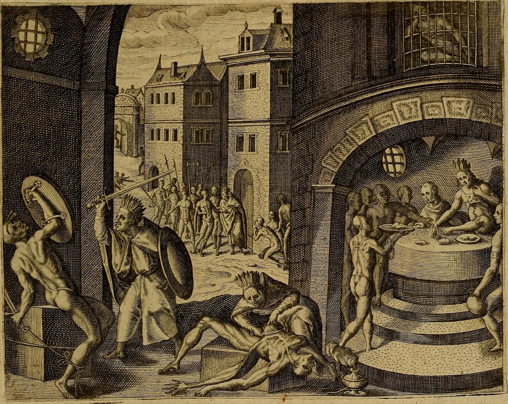 An illustration from Americæ nona & postrema pars : qua de ratione elementorum, de novi orbis natvra, de hvivs incolarvm svperstitiosis cultibus : deq; forma politiæ ac reipubl. ipsorum copiosè pertractatur : catalogo regnum Mexicanorum omnium, à primo vsq; ad vltimum Monteçuman II. additio ... : his accessit designatio illivs navigationis, quam 5. naves Hollandicae anno 1598. per fretum Magellanum in Moluccanas insulas tentarunt : quomodo nimirum oborta tempestate Capitaeus Sebalt de Weert à cæteris nauibus dispulsus, postquam plurimis mensibus in freto infinitis aerumnis miserè iactatus fuisset, tandem infectare post biennum an. 1600. domum reuersus sit : addita est tertio navigatio recens, quam 4. navium praefectus Olevier à Noort proximè suscepit ... : omnia è Germanico Latinitate donata, & insuper elegantissimis figuris æneis coornata editaq; sumptibus Theodori de Bry p.m. Viduæ & binorum filiorum, 1602, leaf 450