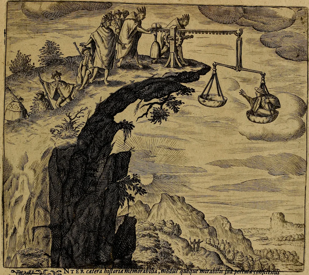 An illustration from Americæ nona & postrema pars : qua de ratione elementorum, de novi orbis natvra, de hvivs incolarvm svperstitiosis cultibus : deq; forma politiæ ac reipubl. ipsorum copiosè pertractatur : catalogo regnum Mexicanorum omnium, à primo vsq; ad vltimum Monteçuman II. additio ... : his accessit designatio illivs navigationis, quam 5. naves Hollandicae anno 1598. per fretum Magellanum in Moluccanas insulas tentarunt : quomodo nimirum oborta tempestate Capitaeus Sebalt de Weert à cæteris nauibus dispulsus, postquam plurimis mensibus in freto infinitis aerumnis miserè iactatus fuisset, tandem infectare post biennum an. 1600. domum reuersus sit : addita est tertio navigatio recens, quam 4. navium praefectus Olevier à Noort proximè suscepit ... : omnia è Germanico Latinitate donata, & insuper elegantissimis figuris æneis coornata editaq; sumptibus Theodori de Bry p.m. Viduæ & binorum filiorum, 1602, leaf 452