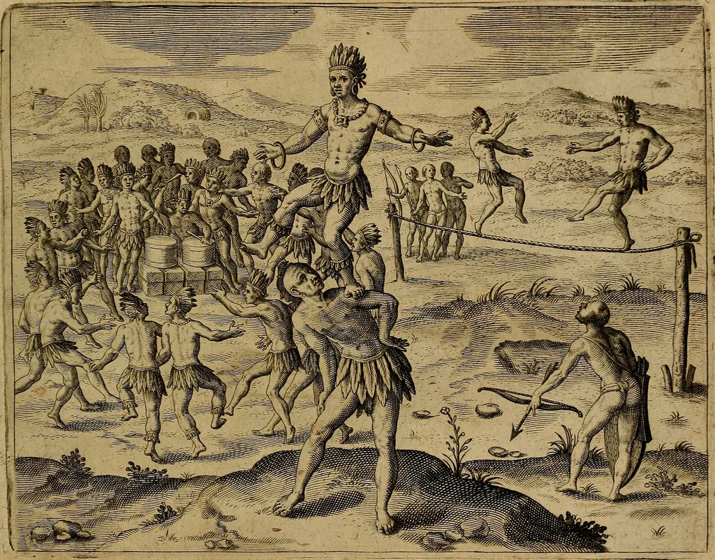 An illustration from Americæ nona & postrema pars : qua de ratione elementorum, de novi orbis natvra, de hvivs incolarvm svperstitiosis cultibus : deq; forma politiæ ac reipubl. ipsorum copiosè pertractatur : catalogo regnum Mexicanorum omnium, à primo vsq; ad vltimum Monteçuman II. additio ... : his accessit designatio illivs navigationis, quam 5. naves Hollandicae anno 1598. per fretum Magellanum in Moluccanas insulas tentarunt : quomodo nimirum oborta tempestate Capitaeus Sebalt de Weert à cæteris nauibus dispulsus, postquam plurimis mensibus in freto infinitis aerumnis miserè iactatus fuisset, tandem infectare post biennum an. 1600. domum reuersus sit : addita est tertio navigatio recens, quam 4. navium praefectus Olevier à Noort proximè suscepit ... : omnia è Germanico Latinitate donata, & insuper elegantissimis figuris æneis coornata editaq; sumptibus Theodori de Bry p.m. Viduæ & binorum filiorum, 1602, leaf 454