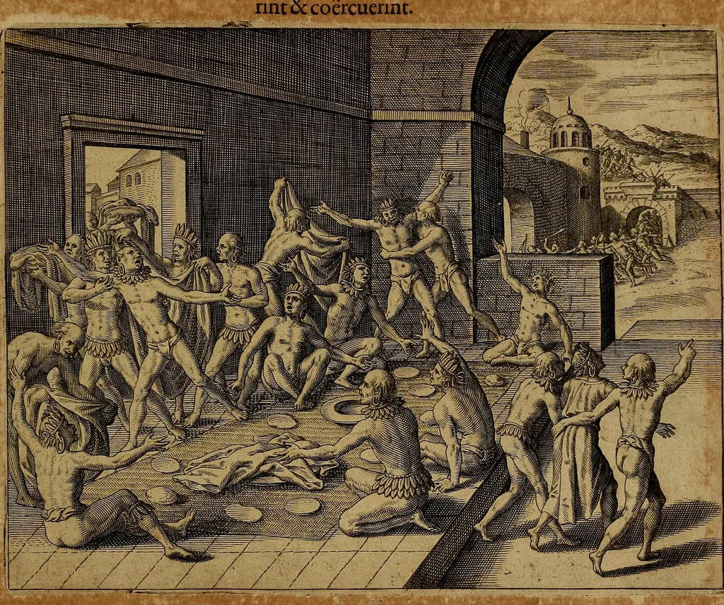 An illustration from Americæ nona & postrema pars : qua de ratione elementorum, de novi orbis natvra, de hvivs incolarvm svperstitiosis cultibus : deq; forma politiæ ac reipubl. ipsorum copiosè pertractatur : catalogo regnum Mexicanorum omnium, à primo vsq; ad vltimum Monteçuman II. additio ... : his accessit designatio illivs navigationis, quam 5. naves Hollandicae anno 1598. per fretum Magellanum in Moluccanas insulas tentarunt : quomodo nimirum oborta tempestate Capitaeus Sebalt de Weert à cæteris nauibus dispulsus, postquam plurimis mensibus in freto infinitis aerumnis miserè iactatus fuisset, tandem infectare post biennum an. 1600. domum reuersus sit : addita est tertio navigatio recens, quam 4. navium praefectus Olevier à Noort proximè suscepit ... : omnia è Germanico Latinitate donata, & insuper elegantissimis figuris æneis coornata editaq; sumptibus Theodori de Bry p.m. Viduæ & binorum filiorum, 1602, leaf 458
