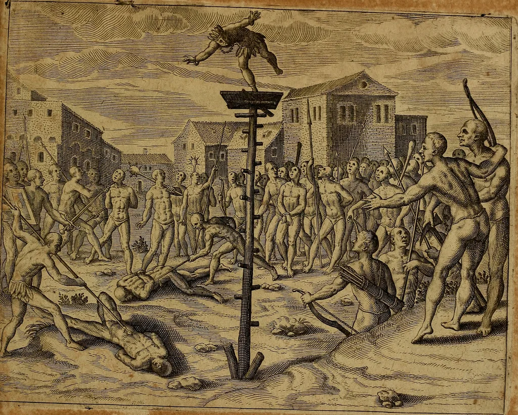 An illustration from Americæ nona & postrema pars : qua de ratione elementorum, de novi orbis natvra, de hvivs incolarvm svperstitiosis cultibus : deq; forma politiæ ac reipubl. ipsorum copiosè pertractatur : catalogo regnum Mexicanorum omnium, à primo vsq; ad vltimum Monteçuman II. additio ... : his accessit designatio illivs navigationis, quam 5. naves Hollandicae anno 1598. per fretum Magellanum in Moluccanas insulas tentarunt : quomodo nimirum oborta tempestate Capitaeus Sebalt de Weert à cæteris nauibus dispulsus, postquam plurimis mensibus in freto infinitis aerumnis miserè iactatus fuisset, tandem infectare post biennum an. 1600. domum reuersus sit : addita est tertio navigatio recens, quam 4. navium praefectus Olevier à Noort proximè suscepit ... : omnia è Germanico Latinitate donata, & insuper elegantissimis figuris æneis coornata editaq; sumptibus Theodori de Bry p.m. Viduæ & binorum filiorum, 1602, leaf 460