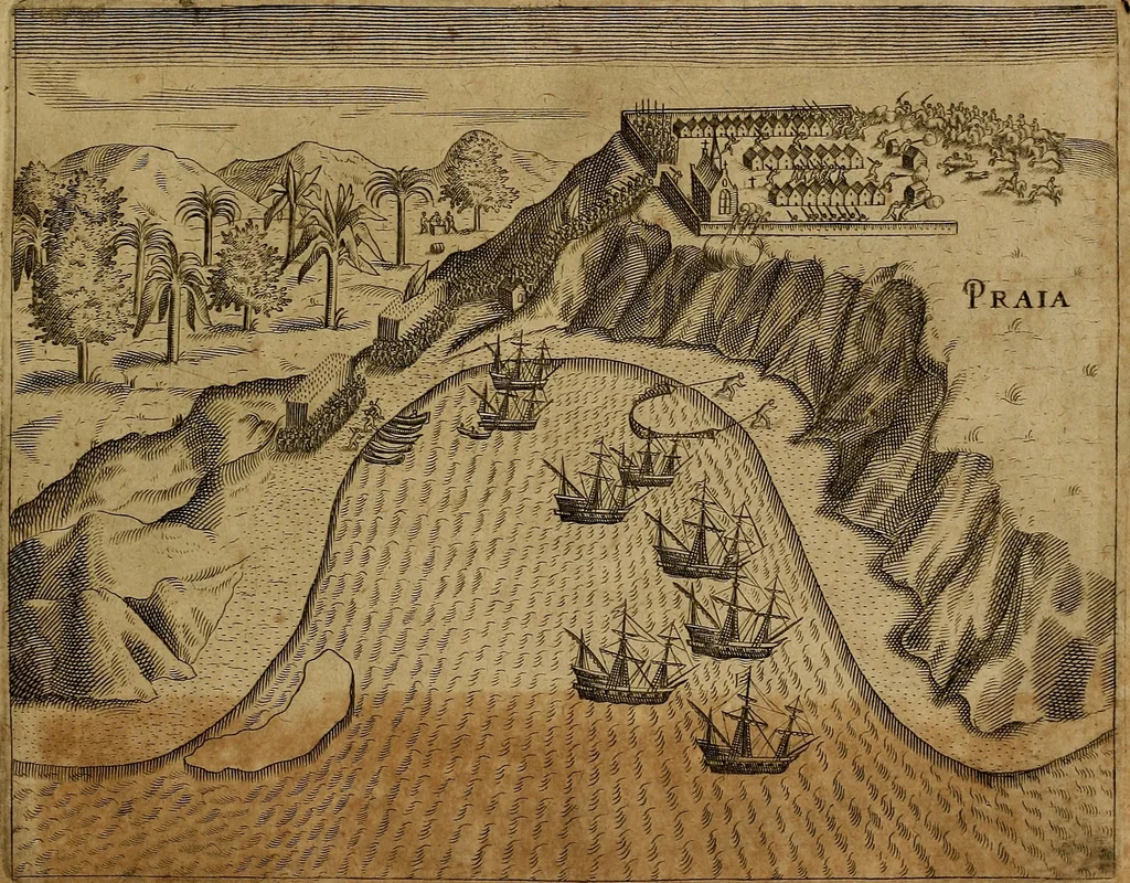 An illustration from Americæ nona & postrema pars : qua de ratione elementorum, de novi orbis natvra, de hvivs incolarvm svperstitiosis cultibus : deq; forma politiæ ac reipubl. ipsorum copiosè pertractatur : catalogo regnum Mexicanorum omnium, à primo vsq; ad vltimum Monteçuman II. additio ... : his accessit designatio illivs navigationis, quam 5. naves Hollandicae anno 1598. per fretum Magellanum in Moluccanas insulas tentarunt : quomodo nimirum oborta tempestate Capitaeus Sebalt de Weert à cæteris nauibus dispulsus, postquam plurimis mensibus in freto infinitis aerumnis miserè iactatus fuisset, tandem infectare post biennum an. 1600. domum reuersus sit : addita est tertio navigatio recens, quam 4. navium praefectus Olevier à Noort proximè suscepit ... : omnia è Germanico Latinitate donata, & insuper elegantissimis figuris æneis coornata editaq; sumptibus Theodori de Bry p.m. Viduæ & binorum filiorum, 1602, leaf 462