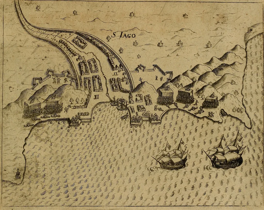 An illustration from Americæ nona & postrema pars : qua de ratione elementorum, de novi orbis natvra, de hvivs incolarvm svperstitiosis cultibus : deq; forma politiæ ac reipubl. ipsorum copiosè pertractatur : catalogo regnum Mexicanorum omnium, à primo vsq; ad vltimum Monteçuman II. additio ... : his accessit designatio illivs navigationis, quam 5. naves Hollandicae anno 1598. per fretum Magellanum in Moluccanas insulas tentarunt : quomodo nimirum oborta tempestate Capitaeus Sebalt de Weert à cæteris nauibus dispulsus, postquam plurimis mensibus in freto infinitis aerumnis miserè iactatus fuisset, tandem infectare post biennum an. 1600. domum reuersus sit : addita est tertio navigatio recens, quam 4. navium praefectus Olevier à Noort proximè suscepit ... : omnia è Germanico Latinitate donata, & insuper elegantissimis figuris æneis coornata editaq; sumptibus Theodori de Bry p.m. Viduæ & binorum filiorum, 1602, leaf 464