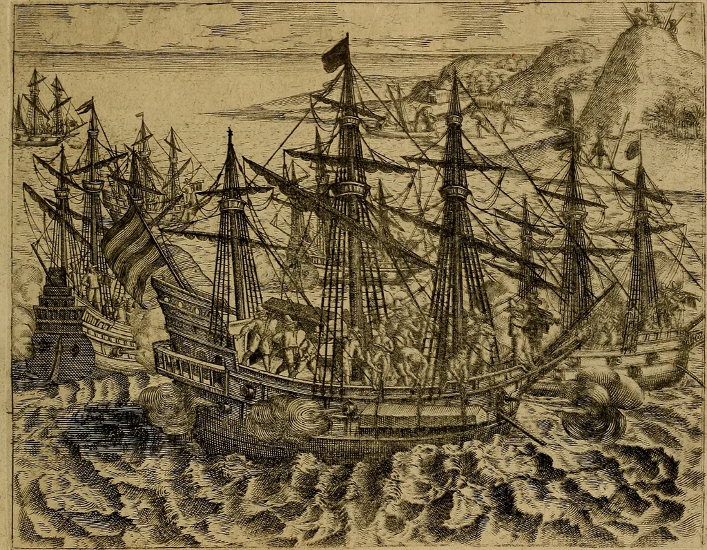 An illustration from Americæ nona & postrema pars : qua de ratione elementorum, de novi orbis natvra, de hvivs incolarvm svperstitiosis cultibus : deq; forma politiæ ac reipubl. ipsorum copiosè pertractatur : catalogo regnum Mexicanorum omnium, à primo vsq; ad vltimum Monteçuman II. additio ... : his accessit designatio illivs navigationis, quam 5. naves Hollandicae anno 1598. per fretum Magellanum in Moluccanas insulas tentarunt : quomodo nimirum oborta tempestate Capitaeus Sebalt de Weert à cæteris nauibus dispulsus, postquam plurimis mensibus in freto infinitis aerumnis miserè iactatus fuisset, tandem infectare post biennum an. 1600. domum reuersus sit : addita est tertio navigatio recens, quam 4. navium praefectus Olevier à Noort proximè suscepit ... : omnia è Germanico Latinitate donata, & insuper elegantissimis figuris æneis coornata editaq; sumptibus Theodori de Bry p.m. Viduæ & binorum filiorum, 1602, leaf 466