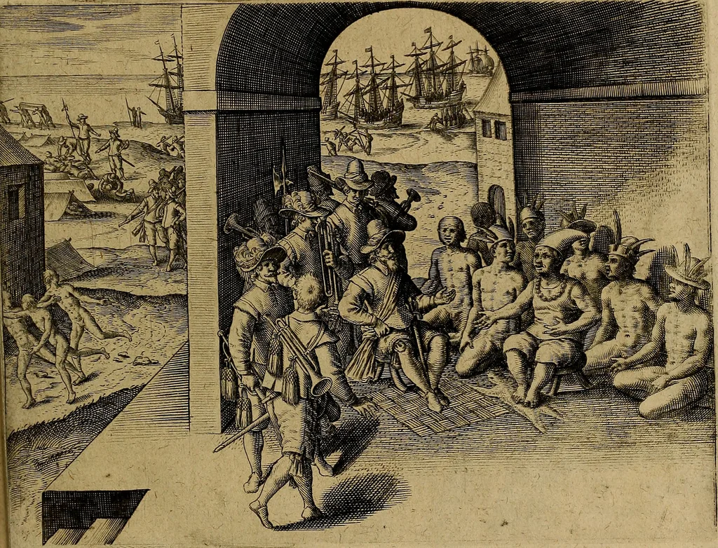 An illustration from Americæ nona & postrema pars : qua de ratione elementorum, de novi orbis natvra, de hvivs incolarvm svperstitiosis cultibus : deq; forma politiæ ac reipubl. ipsorum copiosè pertractatur : catalogo regnum Mexicanorum omnium, à primo vsq; ad vltimum Monteçuman II. additio ... : his accessit designatio illivs navigationis, quam 5. naves Hollandicae anno 1598. per fretum Magellanum in Moluccanas insulas tentarunt : quomodo nimirum oborta tempestate Capitaeus Sebalt de Weert à cæteris nauibus dispulsus, postquam plurimis mensibus in freto infinitis aerumnis miserè iactatus fuisset, tandem infectare post biennum an. 1600. domum reuersus sit : addita est tertio navigatio recens, quam 4. navium praefectus Olevier à Noort proximè suscepit ... : omnia è Germanico Latinitate donata, & insuper elegantissimis figuris æneis coornata editaq; sumptibus Theodori de Bry p.m. Viduæ & binorum filiorum, 1602, leaf 468
