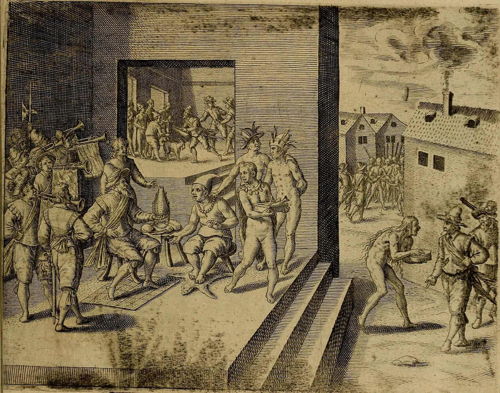 An illustration from Americæ nona & postrema pars : qua de ratione elementorum, de novi orbis natvra, de hvivs incolarvm svperstitiosis cultibus : deq; forma politiæ ac reipubl. ipsorum copiosè pertractatur : catalogo regnum Mexicanorum omnium, à primo vsq; ad vltimum Monteçuman II. additio ... : his accessit designatio illivs navigationis, quam 5. naves Hollandicae anno 1598. per fretum Magellanum in Moluccanas insulas tentarunt : quomodo nimirum oborta tempestate Capitaeus Sebalt de Weert à cæteris nauibus dispulsus, postquam plurimis mensibus in freto infinitis aerumnis miserè iactatus fuisset, tandem infectare post biennum an. 1600. domum reuersus sit : addita est tertio navigatio recens, quam 4. navium praefectus Olevier à Noort proximè suscepit ... : omnia è Germanico Latinitate donata, & insuper elegantissimis figuris æneis coornata editaq; sumptibus Theodori de Bry p.m. Viduæ & binorum filiorum, 1602, leaf 470