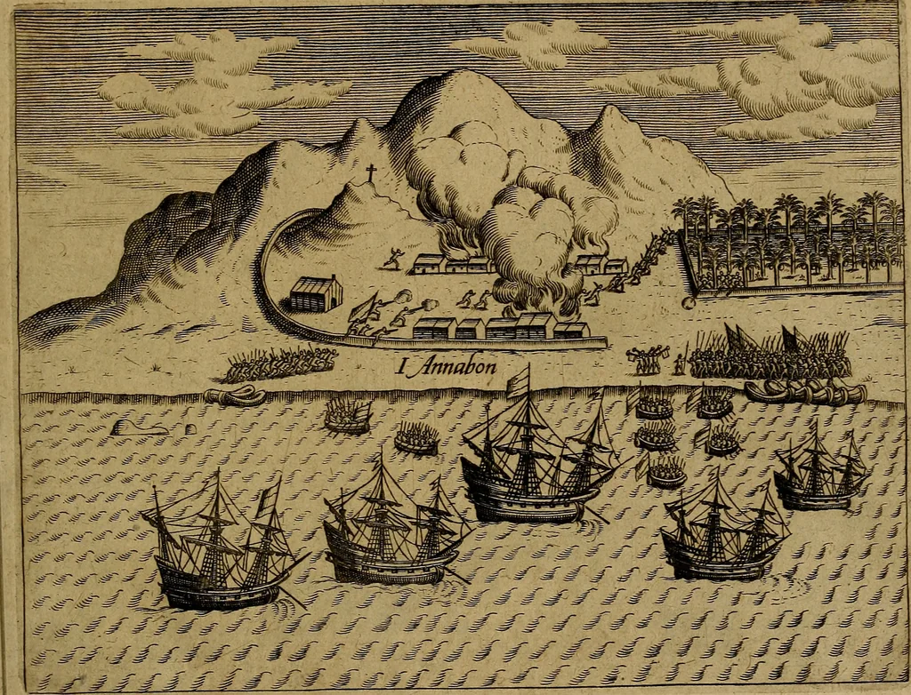 An illustration from Americæ nona & postrema pars : qua de ratione elementorum, de novi orbis natvra, de hvivs incolarvm svperstitiosis cultibus : deq; forma politiæ ac reipubl. ipsorum copiosè pertractatur : catalogo regnum Mexicanorum omnium, à primo vsq; ad vltimum Monteçuman II. additio ... : his accessit designatio illivs navigationis, quam 5. naves Hollandicae anno 1598. per fretum Magellanum in Moluccanas insulas tentarunt : quomodo nimirum oborta tempestate Capitaeus Sebalt de Weert à cæteris nauibus dispulsus, postquam plurimis mensibus in freto infinitis aerumnis miserè iactatus fuisset, tandem infectare post biennum an. 1600. domum reuersus sit : addita est tertio navigatio recens, quam 4. navium praefectus Olevier à Noort proximè suscepit ... : omnia è Germanico Latinitate donata, & insuper elegantissimis figuris æneis coornata editaq; sumptibus Theodori de Bry p.m. Viduæ & binorum filiorum, 1602, leaf 472