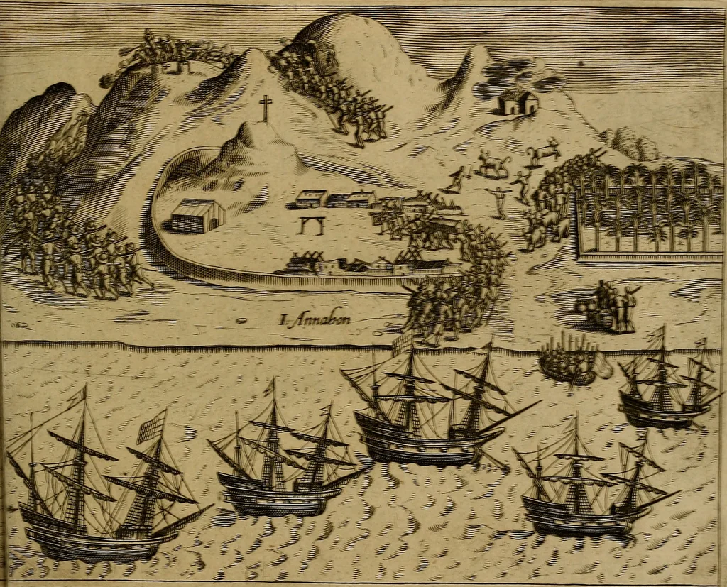 An illustration from Americæ nona & postrema pars : qua de ratione elementorum, de novi orbis natvra, de hvivs incolarvm svperstitiosis cultibus : deq; forma politiæ ac reipubl. ipsorum copiosè pertractatur : catalogo regnum Mexicanorum omnium, à primo vsq; ad vltimum Monteçuman II. additio ... : his accessit designatio illivs navigationis, quam 5. naves Hollandicae anno 1598. per fretum Magellanum in Moluccanas insulas tentarunt : quomodo nimirum oborta tempestate Capitaeus Sebalt de Weert à cæteris nauibus dispulsus, postquam plurimis mensibus in freto infinitis aerumnis miserè iactatus fuisset, tandem infectare post biennum an. 1600. domum reuersus sit : addita est tertio navigatio recens, quam 4. navium praefectus Olevier à Noort proximè suscepit ... : omnia è Germanico Latinitate donata, & insuper elegantissimis figuris æneis coornata editaq; sumptibus Theodori de Bry p.m. Viduæ & binorum filiorum, 1602, leaf 474