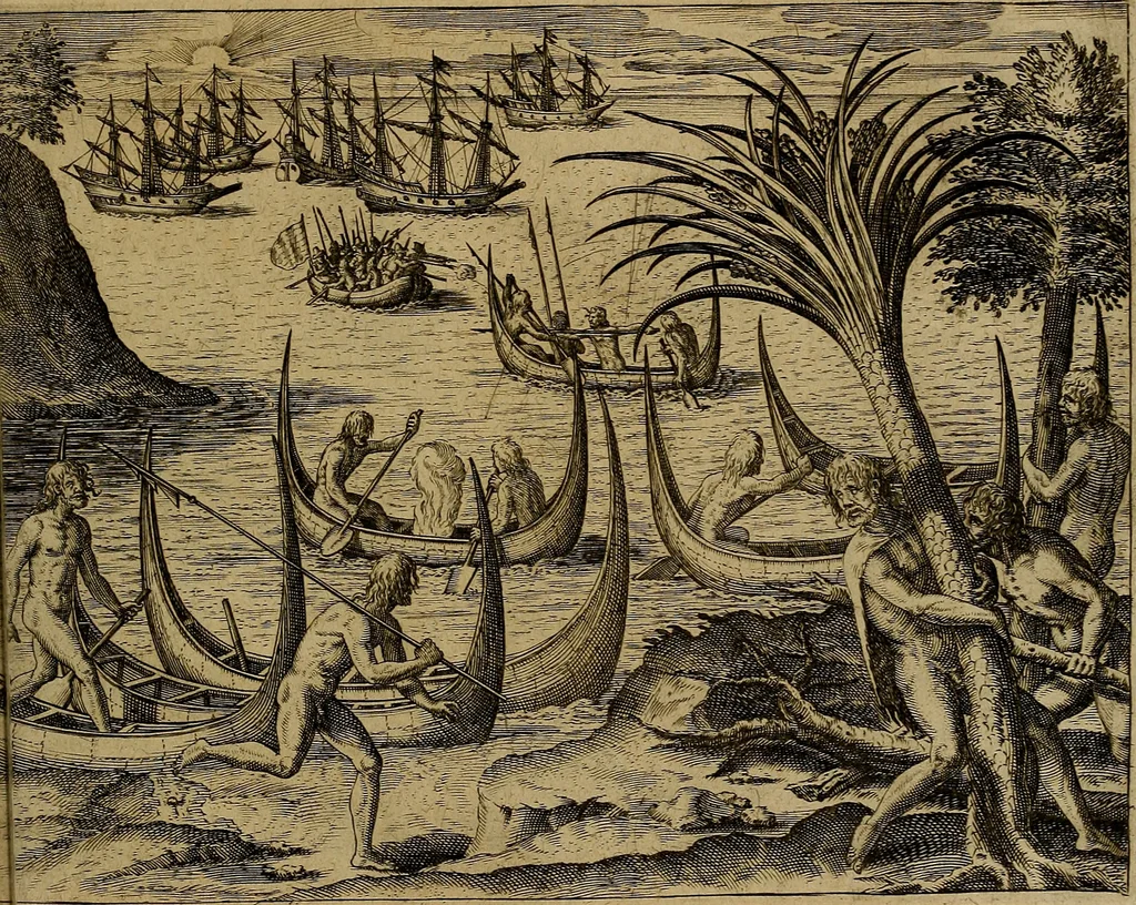 An illustration from Americæ nona & postrema pars : qua de ratione elementorum, de novi orbis natvra, de hvivs incolarvm svperstitiosis cultibus : deq; forma politiæ ac reipubl. ipsorum copiosè pertractatur : catalogo regnum Mexicanorum omnium, à primo vsq; ad vltimum Monteçuman II. additio ... : his accessit designatio illivs navigationis, quam 5. naves Hollandicae anno 1598. per fretum Magellanum in Moluccanas insulas tentarunt : quomodo nimirum oborta tempestate Capitaeus Sebalt de Weert à cæteris nauibus dispulsus, postquam plurimis mensibus in freto infinitis aerumnis miserè iactatus fuisset, tandem infectare post biennum an. 1600. domum reuersus sit : addita est tertio navigatio recens, quam 4. navium praefectus Olevier à Noort proximè suscepit ... : omnia è Germanico Latinitate donata, & insuper elegantissimis figuris æneis coornata editaq; sumptibus Theodori de Bry p.m. Viduæ & binorum filiorum, 1602, leaf 476