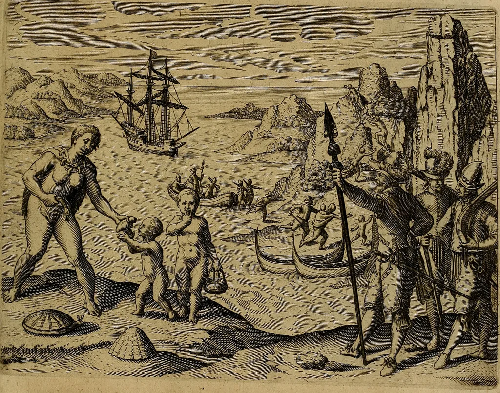 An illustration from Americæ nona & postrema pars : qua de ratione elementorum, de novi orbis natvra, de hvivs incolarvm svperstitiosis cultibus : deq; forma politiæ ac reipubl. ipsorum copiosè pertractatur : catalogo regnum Mexicanorum omnium, à primo vsq; ad vltimum Monteçuman II. additio ... : his accessit designatio illivs navigationis, quam 5. naves Hollandicae anno 1598. per fretum Magellanum in Moluccanas insulas tentarunt : quomodo nimirum oborta tempestate Capitaeus Sebalt de Weert à cæteris nauibus dispulsus, postquam plurimis mensibus in freto infinitis aerumnis miserè iactatus fuisset, tandem infectare post biennum an. 1600. domum reuersus sit : addita est tertio navigatio recens, quam 4. navium praefectus Olevier à Noort proximè suscepit ... : omnia è Germanico Latinitate donata, & insuper elegantissimis figuris æneis coornata editaq; sumptibus Theodori de Bry p.m. Viduæ & binorum filiorum, 1602, leaf 478