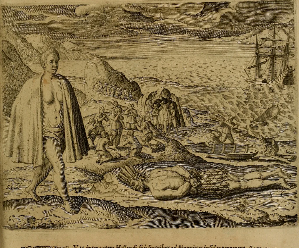 An illustration from Americæ nona & postrema pars : qua de ratione elementorum, de novi orbis natvra, de hvivs incolarvm svperstitiosis cultibus : deq; forma politiæ ac reipubl. ipsorum copiosè pertractatur : catalogo regnum Mexicanorum omnium, à primo vsq; ad vltimum Monteçuman II. additio ... : his accessit designatio illivs navigationis, quam 5. naves Hollandicae anno 1598. per fretum Magellanum in Moluccanas insulas tentarunt : quomodo nimirum oborta tempestate Capitaeus Sebalt de Weert à cæteris nauibus dispulsus, postquam plurimis mensibus in freto infinitis aerumnis miserè iactatus fuisset, tandem infectare post biennum an. 1600. domum reuersus sit : addita est tertio navigatio recens, quam 4. navium praefectus Olevier à Noort proximè suscepit ... : omnia è Germanico Latinitate donata, & insuper elegantissimis figuris æneis coornata editaq; sumptibus Theodori de Bry p.m. Viduæ & binorum filiorum, 1602, leaf 480