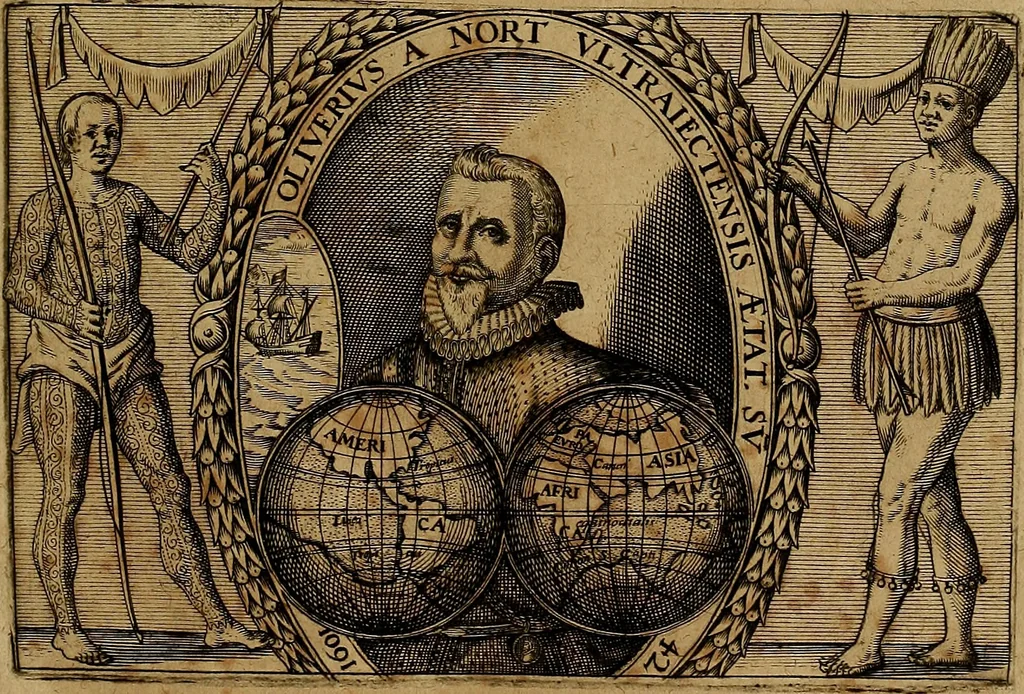 An illustration from Americæ nona & postrema pars : qua de ratione elementorum, de novi orbis natvra, de hvivs incolarvm svperstitiosis cultibus : deq; forma politiæ ac reipubl. ipsorum copiosè pertractatur : catalogo regnum Mexicanorum omnium, à primo vsq; ad vltimum Monteçuman II. additio ... : his accessit designatio illivs navigationis, quam 5. naves Hollandicae anno 1598. per fretum Magellanum in Moluccanas insulas tentarunt : quomodo nimirum oborta tempestate Capitaeus Sebalt de Weert à cæteris nauibus dispulsus, postquam plurimis mensibus in freto infinitis aerumnis miserè iactatus fuisset, tandem infectare post biennum an. 1600. domum reuersus sit : addita est tertio navigatio recens, quam 4. navium praefectus Olevier à Noort proximè suscepit ... : omnia è Germanico Latinitate donata, & insuper elegantissimis figuris æneis coornata editaq; sumptibus Theodori de Bry p.m. Viduæ & binorum filiorum, 1602, leaf 484