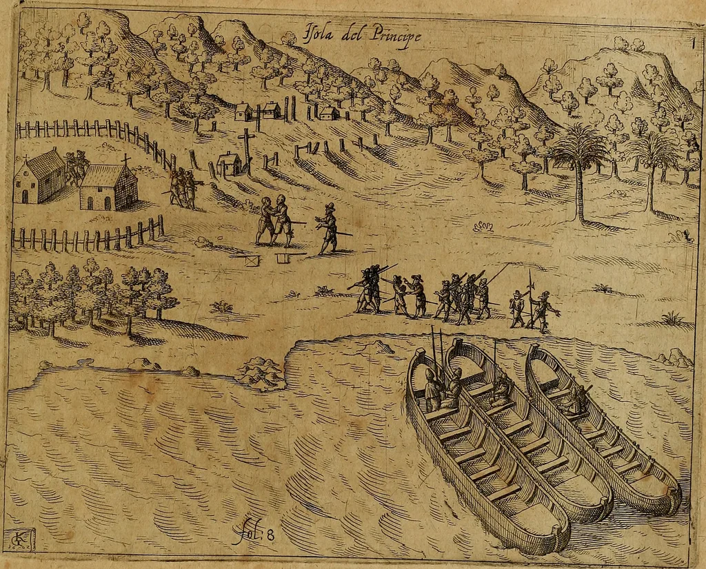 An illustration from Americæ nona & postrema pars : qua de ratione elementorum, de novi orbis natvra, de hvivs incolarvm svperstitiosis cultibus : deq; forma politiæ ac reipubl. ipsorum copiosè pertractatur : catalogo regnum Mexicanorum omnium, à primo vsq; ad vltimum Monteçuman II. additio ... : his accessit designatio illivs navigationis, quam 5. naves Hollandicae anno 1598. per fretum Magellanum in Moluccanas insulas tentarunt : quomodo nimirum oborta tempestate Capitaeus Sebalt de Weert à cæteris nauibus dispulsus, postquam plurimis mensibus in freto infinitis aerumnis miserè iactatus fuisset, tandem infectare post biennum an. 1600. domum reuersus sit : addita est tertio navigatio recens, quam 4. navium praefectus Olevier à Noort proximè suscepit ... : omnia è Germanico Latinitate donata, & insuper elegantissimis figuris æneis coornata editaq; sumptibus Theodori de Bry p.m. Viduæ & binorum filiorum, 1602, leaf 586