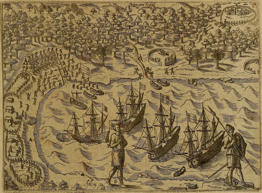 An illustration from Americæ nona & postrema pars : qua de ratione elementorum, de novi orbis natvra, de hvivs incolarvm svperstitiosis cultibus : deq; forma politiæ ac reipubl. ipsorum copiosè pertractatur : catalogo regnum Mexicanorum omnium, à primo vsq; ad vltimum Monteçuman II. additio ... : his accessit designatio illivs navigationis, quam 5. naves Hollandicae anno 1598. per fretum Magellanum in Moluccanas insulas tentarunt : quomodo nimirum oborta tempestate Capitaeus Sebalt de Weert à cæteris nauibus dispulsus, postquam plurimis mensibus in freto infinitis aerumnis miserè iactatus fuisset, tandem infectare post biennum an. 1600. domum reuersus sit : addita est tertio navigatio recens, quam 4. navium praefectus Olevier à Noort proximè suscepit ... : omnia è Germanico Latinitate donata, & insuper elegantissimis figuris æneis coornata editaq; sumptibus Theodori de Bry p.m. Viduæ & binorum filiorum, 1602, leaf 588