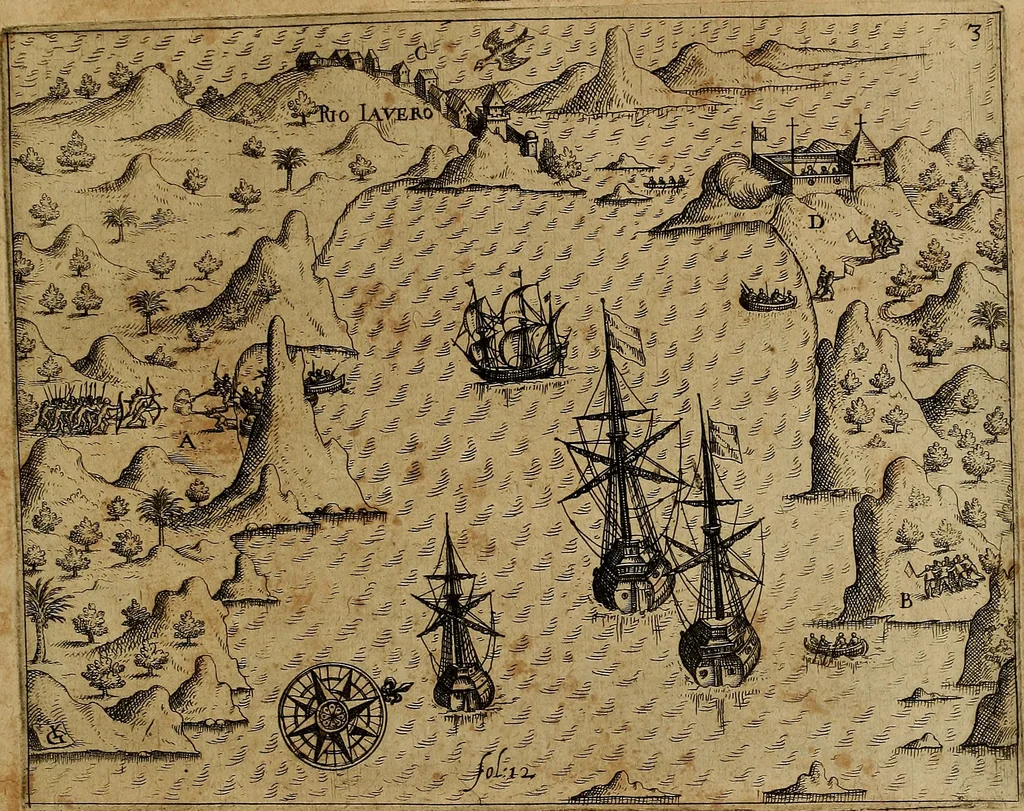 An illustration from Americæ nona & postrema pars : qua de ratione elementorum, de novi orbis natvra, de hvivs incolarvm svperstitiosis cultibus : deq; forma politiæ ac reipubl. ipsorum copiosè pertractatur : catalogo regnum Mexicanorum omnium, à primo vsq; ad vltimum Monteçuman II. additio ... : his accessit designatio illivs navigationis, quam 5. naves Hollandicae anno 1598. per fretum Magellanum in Moluccanas insulas tentarunt : quomodo nimirum oborta tempestate Capitaeus Sebalt de Weert à cæteris nauibus dispulsus, postquam plurimis mensibus in freto infinitis aerumnis miserè iactatus fuisset, tandem infectare post biennum an. 1600. domum reuersus sit : addita est tertio navigatio recens, quam 4. navium praefectus Olevier à Noort proximè suscepit ... : omnia è Germanico Latinitate donata, & insuper elegantissimis figuris æneis coornata editaq; sumptibus Theodori de Bry p.m. Viduæ & binorum filiorum, 1602, leaf 590