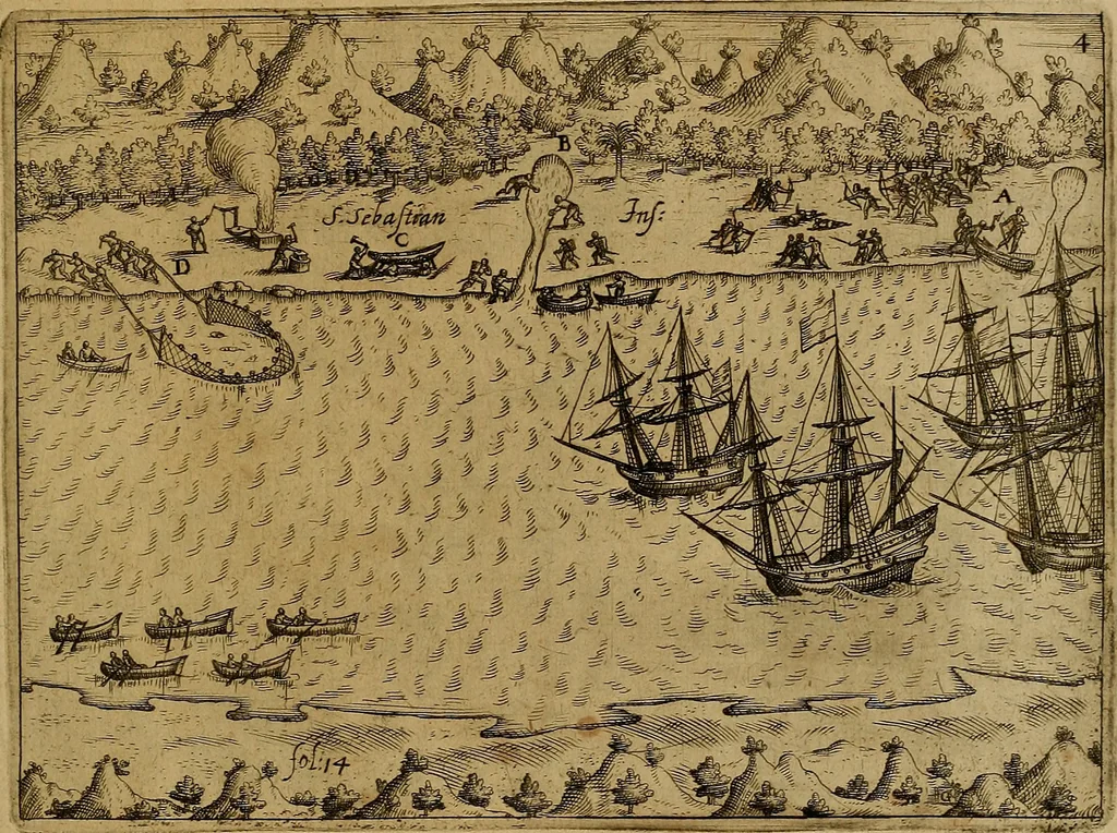 An illustration from Americæ nona & postrema pars : qua de ratione elementorum, de novi orbis natvra, de hvivs incolarvm svperstitiosis cultibus : deq; forma politiæ ac reipubl. ipsorum copiosè pertractatur : catalogo regnum Mexicanorum omnium, à primo vsq; ad vltimum Monteçuman II. additio ... : his accessit designatio illivs navigationis, quam 5. naves Hollandicae anno 1598. per fretum Magellanum in Moluccanas insulas tentarunt : quomodo nimirum oborta tempestate Capitaeus Sebalt de Weert à cæteris nauibus dispulsus, postquam plurimis mensibus in freto infinitis aerumnis miserè iactatus fuisset, tandem infectare post biennum an. 1600. domum reuersus sit : addita est tertio navigatio recens, quam 4. navium praefectus Olevier à Noort proximè suscepit ... : omnia è Germanico Latinitate donata, & insuper elegantissimis figuris æneis coornata editaq; sumptibus Theodori de Bry p.m. Viduæ & binorum filiorum, 1602, leaf 592