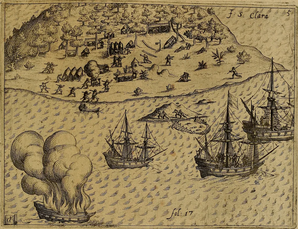 An illustration from Americæ nona & postrema pars : qua de ratione elementorum, de novi orbis natvra, de hvivs incolarvm svperstitiosis cultibus : deq; forma politiæ ac reipubl. ipsorum copiosè pertractatur : catalogo regnum Mexicanorum omnium, à primo vsq; ad vltimum Monteçuman II. additio ... : his accessit designatio illivs navigationis, quam 5. naves Hollandicae anno 1598. per fretum Magellanum in Moluccanas insulas tentarunt : quomodo nimirum oborta tempestate Capitaeus Sebalt de Weert à cæteris nauibus dispulsus, postquam plurimis mensibus in freto infinitis aerumnis miserè iactatus fuisset, tandem infectare post biennum an. 1600. domum reuersus sit : addita est tertio navigatio recens, quam 4. navium praefectus Olevier à Noort proximè suscepit ... : omnia è Germanico Latinitate donata, & insuper elegantissimis figuris æneis coornata editaq; sumptibus Theodori de Bry p.m. Viduæ & binorum filiorum, 1602, leaf 594