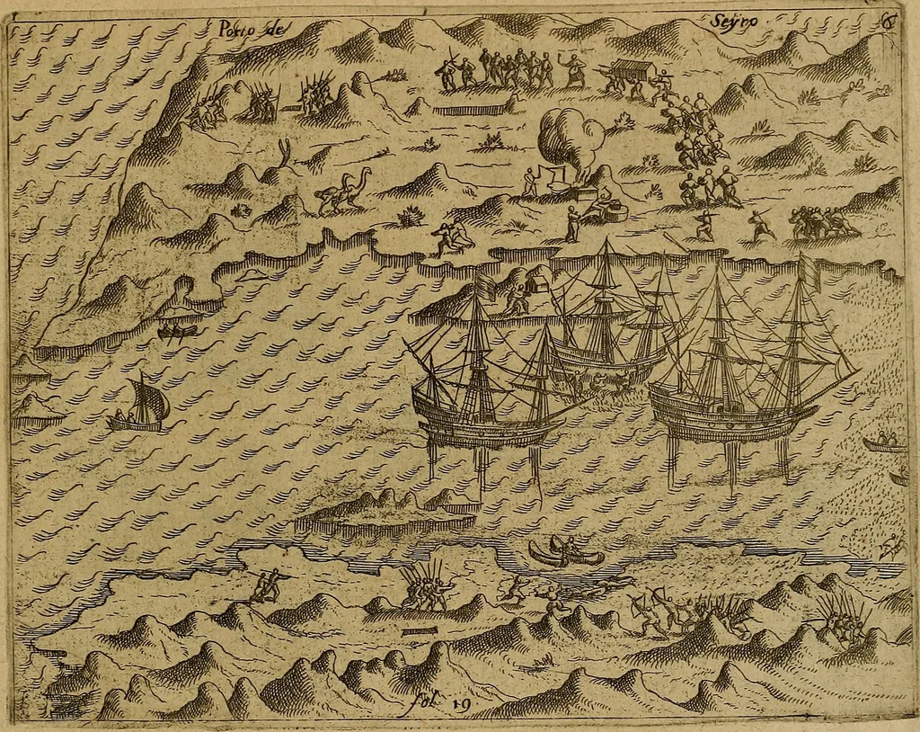 An illustration from Americæ nona & postrema pars : qua de ratione elementorum, de novi orbis natvra, de hvivs incolarvm svperstitiosis cultibus : deq; forma politiæ ac reipubl. ipsorum copiosè pertractatur : catalogo regnum Mexicanorum omnium, à primo vsq; ad vltimum Monteçuman II. additio ... : his accessit designatio illivs navigationis, quam 5. naves Hollandicae anno 1598. per fretum Magellanum in Moluccanas insulas tentarunt : quomodo nimirum oborta tempestate Capitaeus Sebalt de Weert à cæteris nauibus dispulsus, postquam plurimis mensibus in freto infinitis aerumnis miserè iactatus fuisset, tandem infectare post biennum an. 1600. domum reuersus sit : addita est tertio navigatio recens, quam 4. navium praefectus Olevier à Noort proximè suscepit ... : omnia è Germanico Latinitate donata, & insuper elegantissimis figuris æneis coornata editaq; sumptibus Theodori de Bry p.m. Viduæ & binorum filiorum, 1602, leaf 596