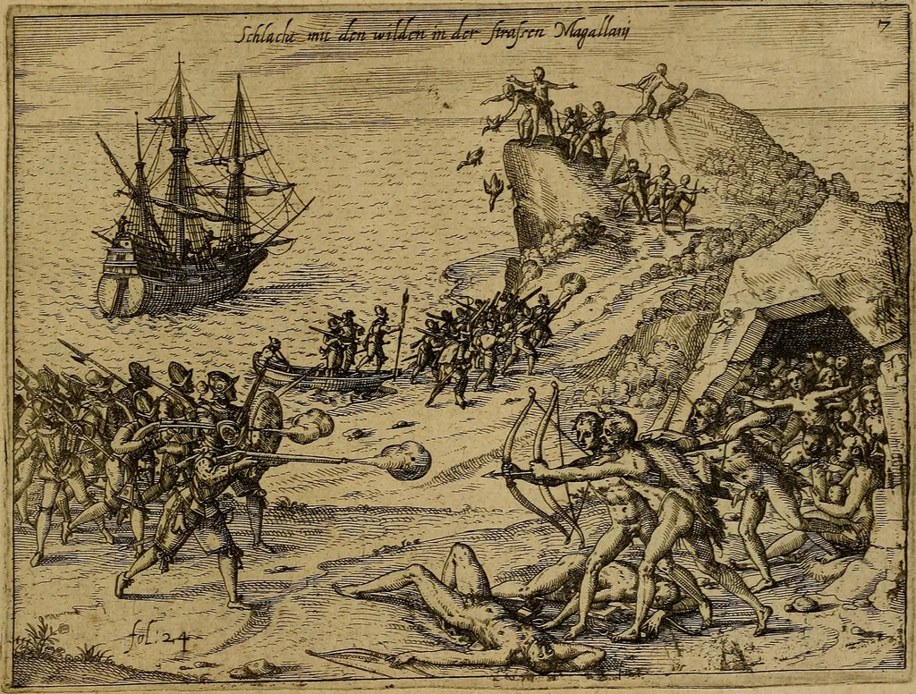 An illustration from Americæ nona & postrema pars : qua de ratione elementorum, de novi orbis natvra, de hvivs incolarvm svperstitiosis cultibus : deq; forma politiæ ac reipubl. ipsorum copiosè pertractatur : catalogo regnum Mexicanorum omnium, à primo vsq; ad vltimum Monteçuman II. additio ... : his accessit designatio illivs navigationis, quam 5. naves Hollandicae anno 1598. per fretum Magellanum in Moluccanas insulas tentarunt : quomodo nimirum oborta tempestate Capitaeus Sebalt de Weert à cæteris nauibus dispulsus, postquam plurimis mensibus in freto infinitis aerumnis miserè iactatus fuisset, tandem infectare post biennum an. 1600. domum reuersus sit : addita est tertio navigatio recens, quam 4. navium praefectus Olevier à Noort proximè suscepit ... : omnia è Germanico Latinitate donata, & insuper elegantissimis figuris æneis coornata editaq; sumptibus Theodori de Bry p.m. Viduæ & binorum filiorum, 1602, leaf 598