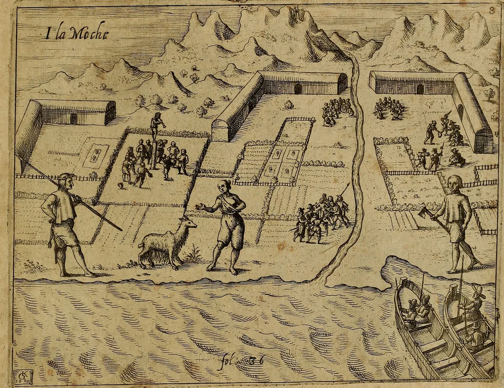 An illustration from Americæ nona & postrema pars : qua de ratione elementorum, de novi orbis natvra, de hvivs incolarvm svperstitiosis cultibus : deq; forma politiæ ac reipubl. ipsorum copiosè pertractatur : catalogo regnum Mexicanorum omnium, à primo vsq; ad vltimum Monteçuman II. additio ... : his accessit designatio illivs navigationis, quam 5. naves Hollandicae anno 1598. per fretum Magellanum in Moluccanas insulas tentarunt : quomodo nimirum oborta tempestate Capitaeus Sebalt de Weert à cæteris nauibus dispulsus, postquam plurimis mensibus in freto infinitis aerumnis miserè iactatus fuisset, tandem infectare post biennum an. 1600. domum reuersus sit : addita est tertio navigatio recens, quam 4. navium praefectus Olevier à Noort proximè suscepit ... : omnia è Germanico Latinitate donata, & insuper elegantissimis figuris æneis coornata editaq; sumptibus Theodori de Bry p.m. Viduæ & binorum filiorum, 1602, leaf 600
