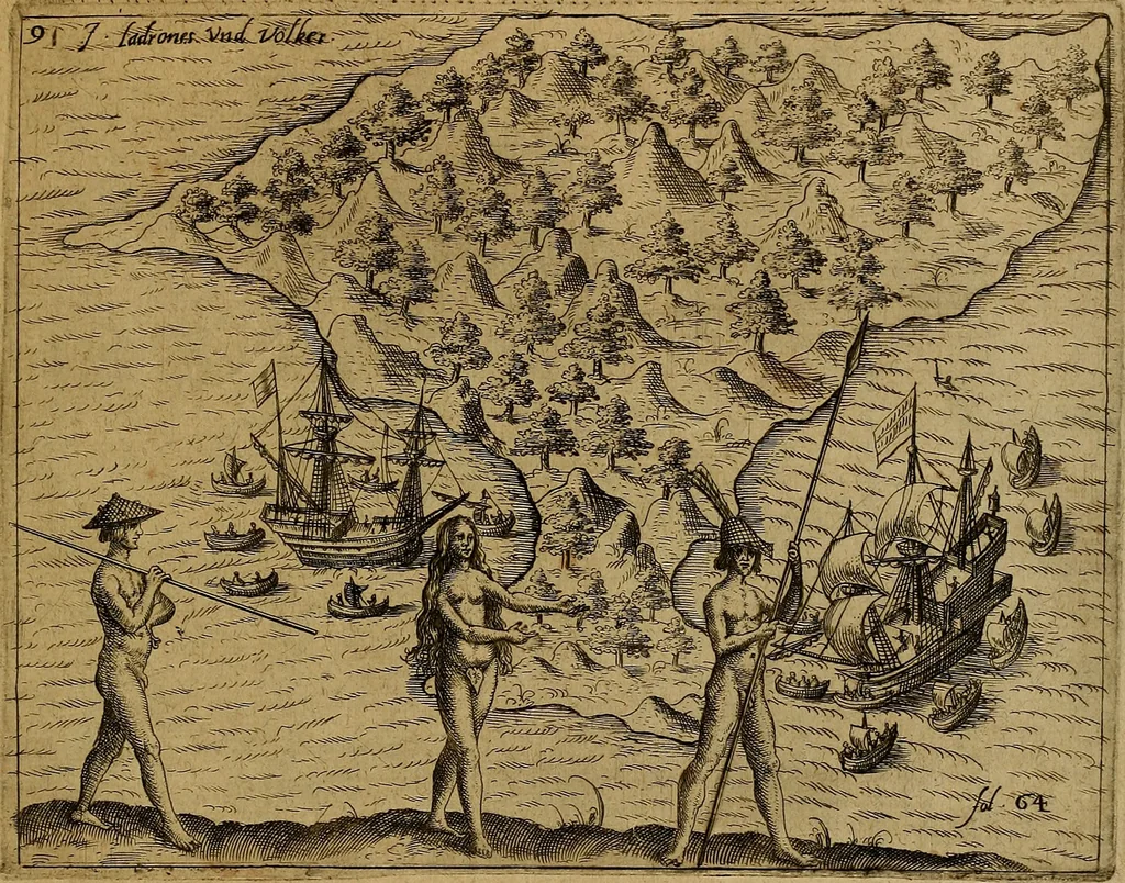 An illustration from Americæ nona & postrema pars : qua de ratione elementorum, de novi orbis natvra, de hvivs incolarvm svperstitiosis cultibus : deq; forma politiæ ac reipubl. ipsorum copiosè pertractatur : catalogo regnum Mexicanorum omnium, à primo vsq; ad vltimum Monteçuman II. additio ... : his accessit designatio illivs navigationis, quam 5. naves Hollandicae anno 1598. per fretum Magellanum in Moluccanas insulas tentarunt : quomodo nimirum oborta tempestate Capitaeus Sebalt de Weert à cæteris nauibus dispulsus, postquam plurimis mensibus in freto infinitis aerumnis miserè iactatus fuisset, tandem infectare post biennum an. 1600. domum reuersus sit : addita est tertio navigatio recens, quam 4. navium praefectus Olevier à Noort proximè suscepit ... : omnia è Germanico Latinitate donata, & insuper elegantissimis figuris æneis coornata editaq; sumptibus Theodori de Bry p.m. Viduæ & binorum filiorum, 1602, leaf 602