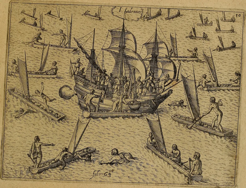 An illustration from Americæ nona & postrema pars : qua de ratione elementorum, de novi orbis natvra, de hvivs incolarvm svperstitiosis cultibus : deq; forma politiæ ac reipubl. ipsorum copiosè pertractatur : catalogo regnum Mexicanorum omnium, à primo vsq; ad vltimum Monteçuman II. additio ... : his accessit designatio illivs navigationis, quam 5. naves Hollandicae anno 1598. per fretum Magellanum in Moluccanas insulas tentarunt : quomodo nimirum oborta tempestate Capitaeus Sebalt de Weert à cæteris nauibus dispulsus, postquam plurimis mensibus in freto infinitis aerumnis miserè iactatus fuisset, tandem infectare post biennum an. 1600. domum reuersus sit : addita est tertio navigatio recens, quam 4. navium praefectus Olevier à Noort proximè suscepit ... : omnia è Germanico Latinitate donata, & insuper elegantissimis figuris æneis coornata editaq; sumptibus Theodori de Bry p.m. Viduæ & binorum filiorum, 1602, leaf 604
