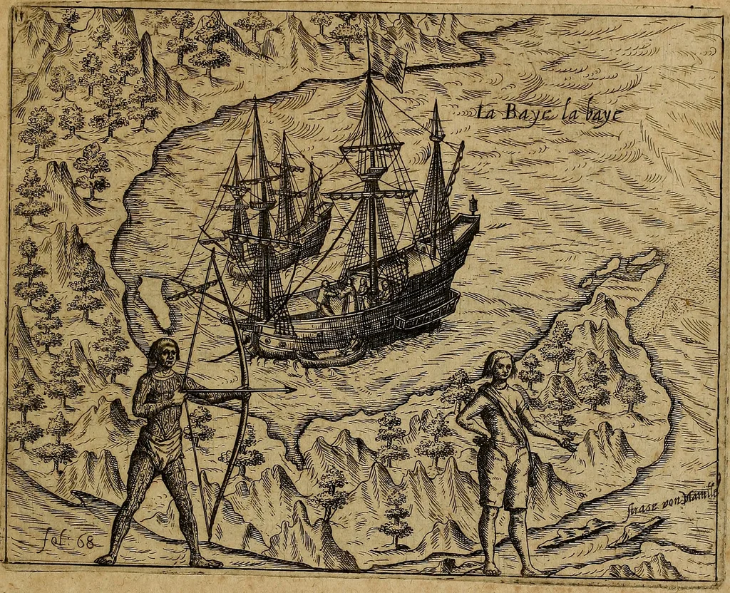 An illustration from Americæ nona & postrema pars : qua de ratione elementorum, de novi orbis natvra, de hvivs incolarvm svperstitiosis cultibus : deq; forma politiæ ac reipubl. ipsorum copiosè pertractatur : catalogo regnum Mexicanorum omnium, à primo vsq; ad vltimum Monteçuman II. additio ... : his accessit designatio illivs navigationis, quam 5. naves Hollandicae anno 1598. per fretum Magellanum in Moluccanas insulas tentarunt : quomodo nimirum oborta tempestate Capitaeus Sebalt de Weert à cæteris nauibus dispulsus, postquam plurimis mensibus in freto infinitis aerumnis miserè iactatus fuisset, tandem infectare post biennum an. 1600. domum reuersus sit : addita est tertio navigatio recens, quam 4. navium praefectus Olevier à Noort proximè suscepit ... : omnia è Germanico Latinitate donata, & insuper elegantissimis figuris æneis coornata editaq; sumptibus Theodori de Bry p.m. Viduæ & binorum filiorum, 1602, leaf 606
